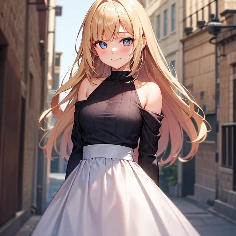  1 girl, Blonde, Long Hair, Straight Hair,  medium breasts, purple off-shoulder sweater, White Long Skirt , high-waisted skirt with hands on back, choker,Shoulder straps, blue eyes, Droopy eyes,  Blushing ,  close your mouth, happiness/joy,  naughty face, Hold back laughter,  is standing,Put your arms down, turns her arms around her back, Hi-Res,  simple background, Around town,noon,Best Quality,  anatomically correct, masterpiece, 