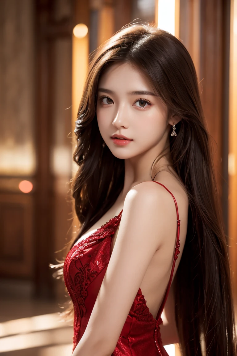 4K ultra, masterpiece, a girl, good face, detailed eyes, straight hair, very long hair, dress, beautiful dress, red color dress, shinning, high lights, realistic background, whole body capture,