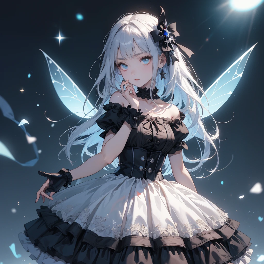 cute gothic fashion,1girl,(((The best composition、Best Quality、 masterpiece、Super detailed、 high definition)))、 Cute Gothic Fashion 、black、blackい大きなワークキャップ、Ingenious Gothic Lolita 、 Milky White and Light Blue Gradation Hair Color、Star Fairy、 Little Fairy Wings Growing from the Waist 、 Front Standing Picture Facing the Audience 、厚底のblackい靴、