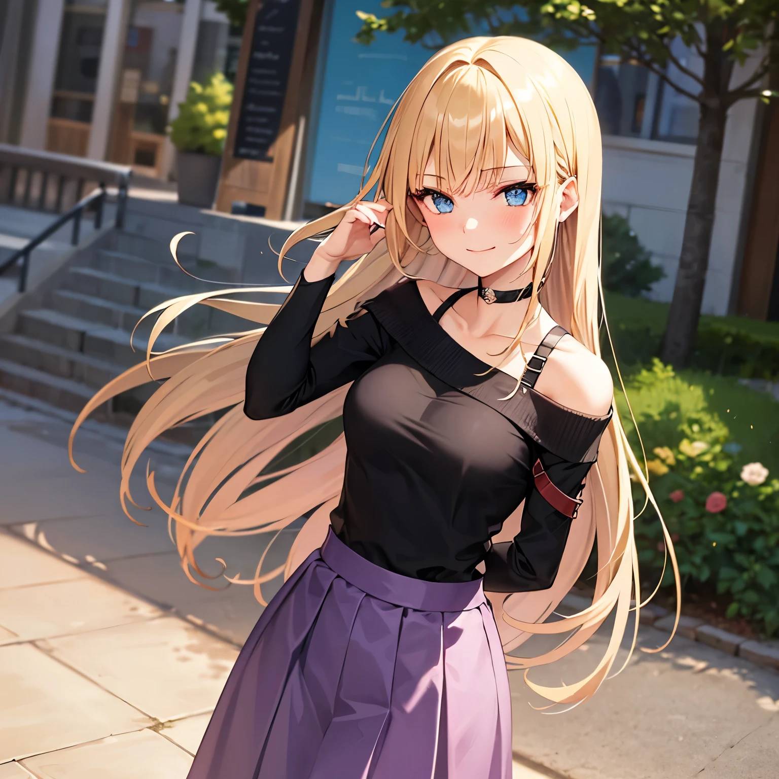 1 girl, Blonde, Long Hair, Straight Hair, medium breasts, purple off-shoulder sweater, White Long Skirt , high-waisted skirt with hands on back, choker,Shoulder straps, blue eyes, Droopy eyes, Blushing , close your mouth, happiness/joy, naughty face, Hold back laughter, is standing,Put your arms down, turns her arms around her back, Hi-Res, simple background, Around town,noon,Best Quality, anatomically correct, masterpiece,