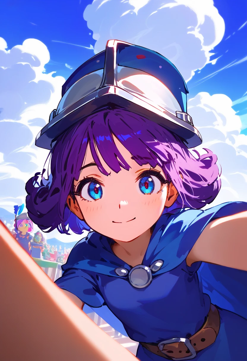 score_9, score_8_up, score_7_up, source_anime, 1girl, RythMusketeerCRPony, Musketeer \(Clash Royale\), from above, dress, belt, helmet, cape, upper body, reaching out to viewer, looking at viewer, smiling, outdoors, blue sky, cloudy sky, 