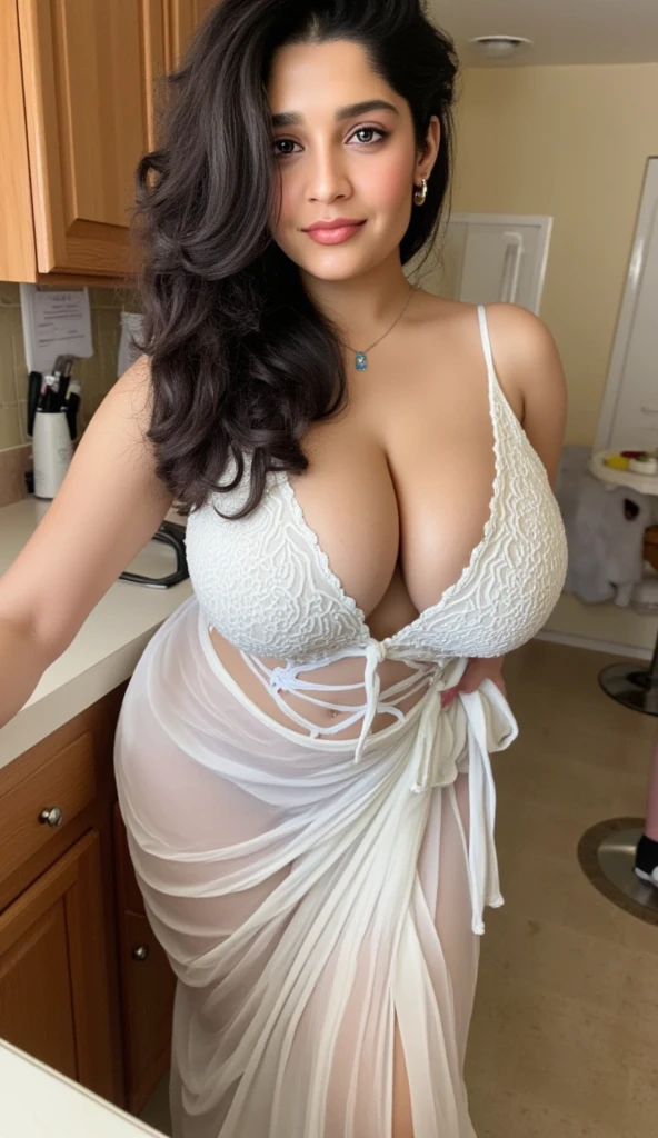 extreme close up photo of sexy mahie gill, front view, curvy, nipples popping out from white see through lace saree, in kitchen, French braid hair, open arms, sexy armpits, bending over,