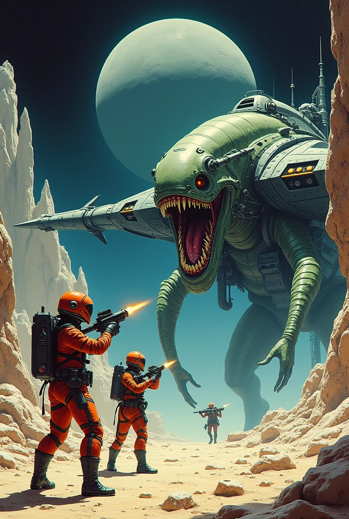 characters from Galaxy of Terror, inspired by Ed Emshwiller and Heavy Metal Magazine, Cyberpunk apocalypse in chaotic world, stalenhag, metal album cover, gwar, (flying pterosaur:2.1), monsters and robots, wayne barlowe pierre pellegrini, retro sci fi, movie poster promo,  very detailed face, bue skin, white eyes, moody, epic, shot on Kodak Vision3, (intricate details), (hyperdetailed), 8k hdr, high detailed, lot of detailed, high quality, soft (cinematic:3.1) light, dramatic atmosphere, atmospheric pespective