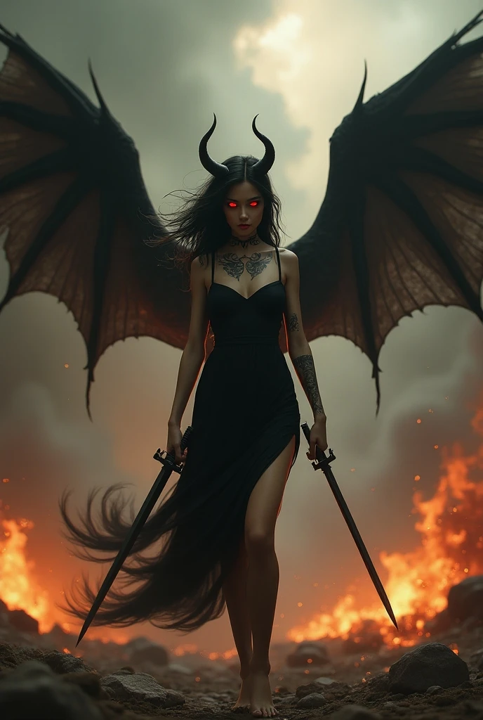Ultra-detailed Rihanna stands atop a pile of burning ruins, Her diabolical and insidious presence radiating from her dark crown and black and red evil queen dress............................................................................................ Her demon wings on her back and demon horn give her an invincible aura as she unleashes a powerful wave of destruction with a single gesture......................................................................................................................................................................................