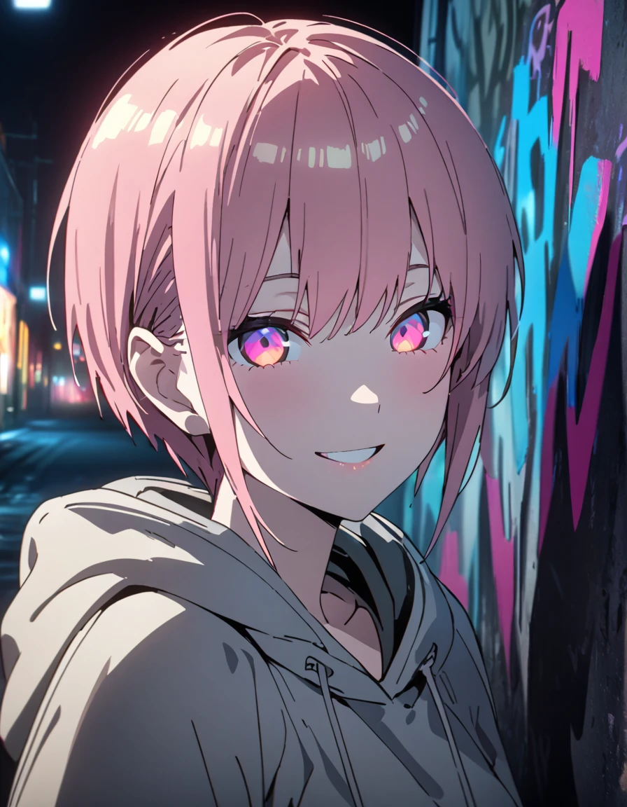 masterpiece, Best Quality, 8k, detailed background , masterpiece, Best Quality, smile,  t I ,  HOODIE, Portraiture, Neon Pink, graffiti, dark, night, Shining Eyes,  Black Light,Nakano Ichika