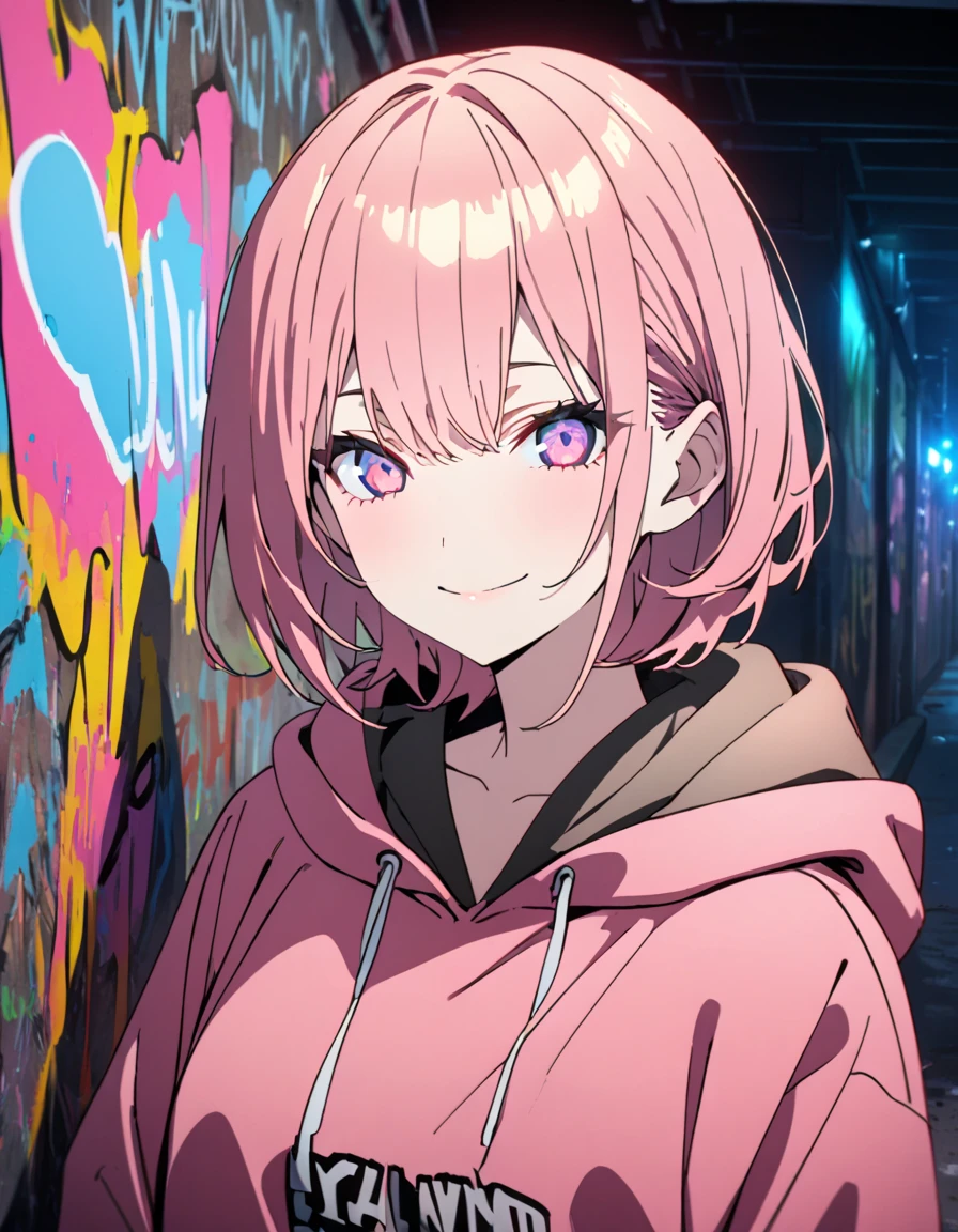 masterpiece, Best Quality, 8k, detailed background , masterpiece, Best Quality, smile,  t I ,  HOODIE, Portraiture, Neon Pink, graffiti, dark, night, Shining Eyes,  Black Light,Nakano Ichika