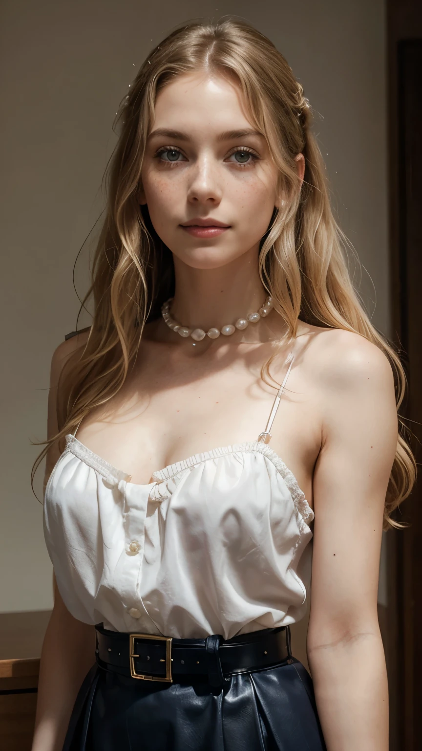 Beautiful young girl, elongated face and thin chin, freckles, blonde, blue eyes, bold dark red lipstick and Extra eyeliner and extra eyeshadow, white pale skin, black skirt, top, small nose, huge natural breasts, straight hair with fringe, blonde, long hair, earrings, necklace, semi-transparent top, full body, pleated short skirt, measurements 120-60-90