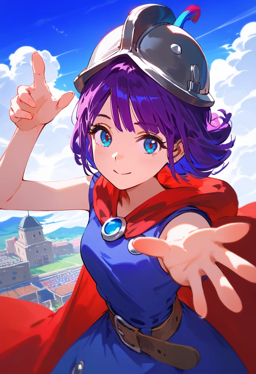 score_9, score_8_up, score_7_up, source_anime, 1girl, RythMusketeerCRPony, Musketeer \(Clash Royale\), from above, dress, belt, helmet, cape, upper body, reaching out to viewer, looking at viewer, smiling, outdoors, blue sky, cloudy sky, sleeveless, 