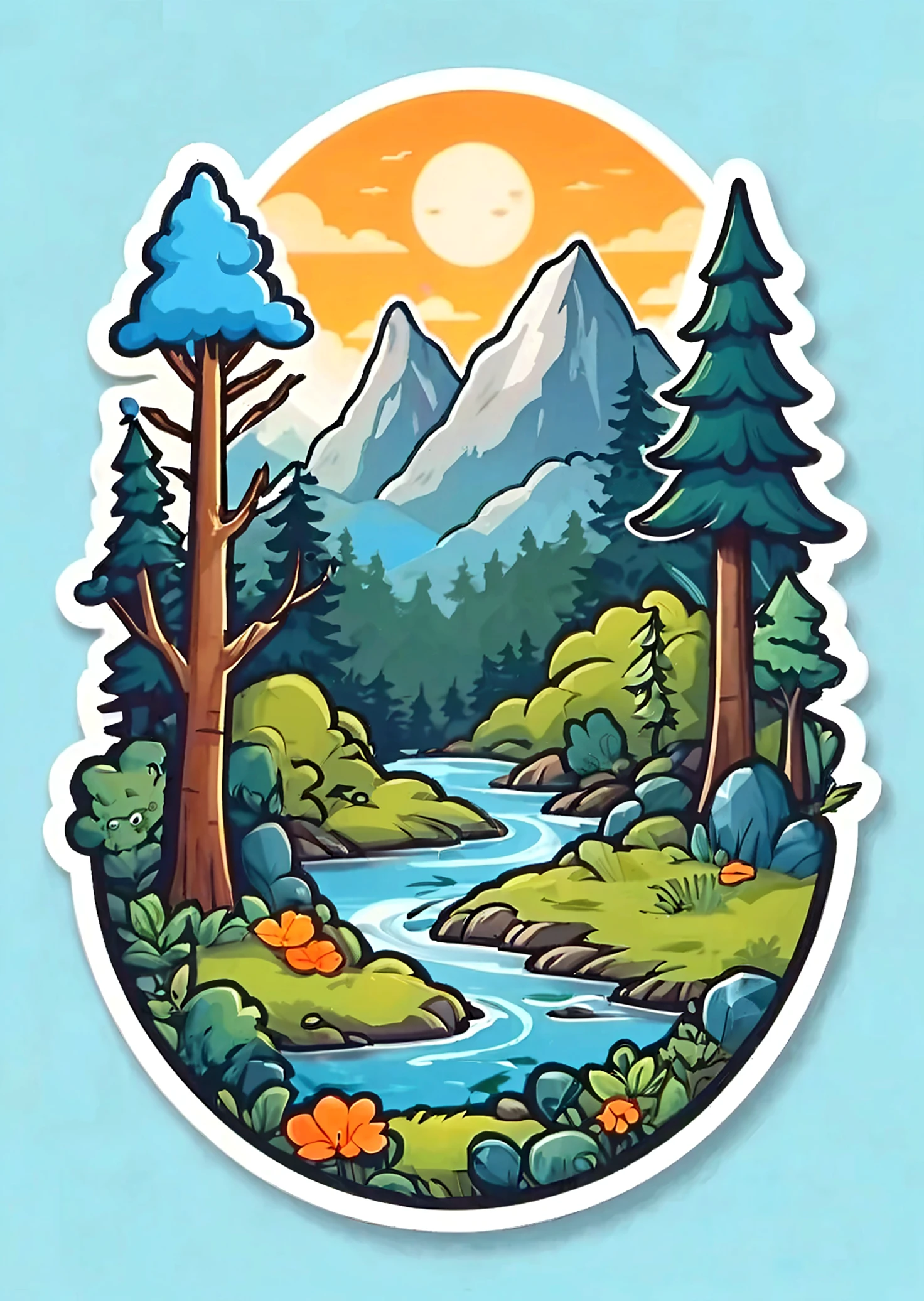 A sticker of a mountain scene with a river and trees - SeaArt AI