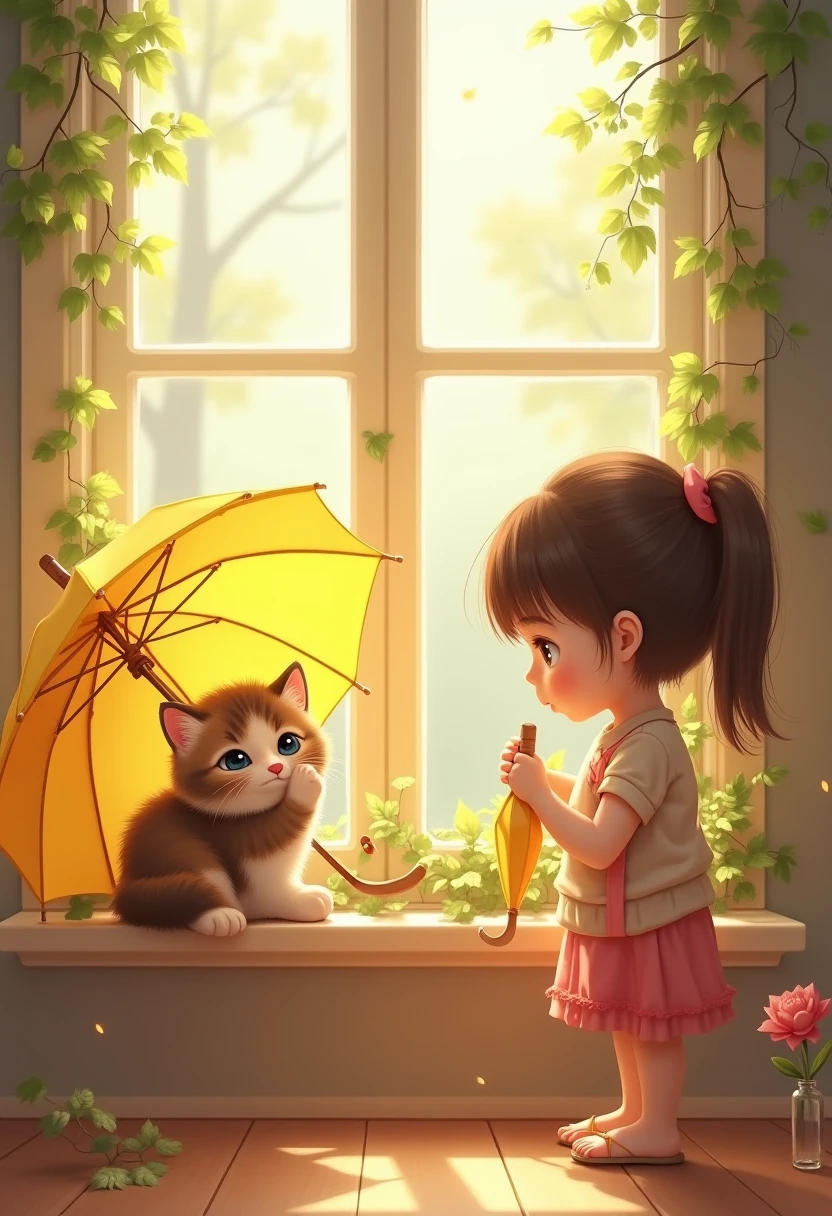  cute kitten curled up 、 Kitten has brown and white fur 、Hide a cat's face with a cat's hand、 Fluffy and adorable texture ． The background is a bay window with fresh morning sunshine 、 Decorated with small foliage plants matching the white window frame、break、 cute girl stands beside the cat 、 is hanging a closed yellow umbrella over the girl's hand、 Hi-Res、 photorealistic image of hiding a cat's face with a cat's hand．「 it rains when the cat washes its face 」