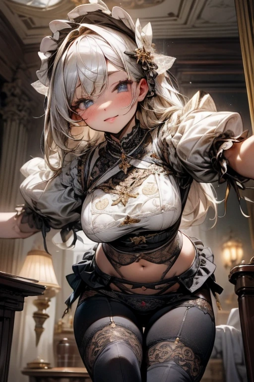 8k、Best Quality 、Maximum clarity 、 very detailed、Beautiful art、 very detailed、Maternal、 erotic face looking up at me、Transparent skin 、Skin-tight underwear、 very big breasts、(((In underwear)))、(((  Lace Panties with Luxurious Ruffles and Delicate Embroideries)))、 pantyhose 、Squint your eyes、(Nipples protruding from under clothes)、 tongue、Bouncing Breasts、 anatomically correct、((( open crotches)))