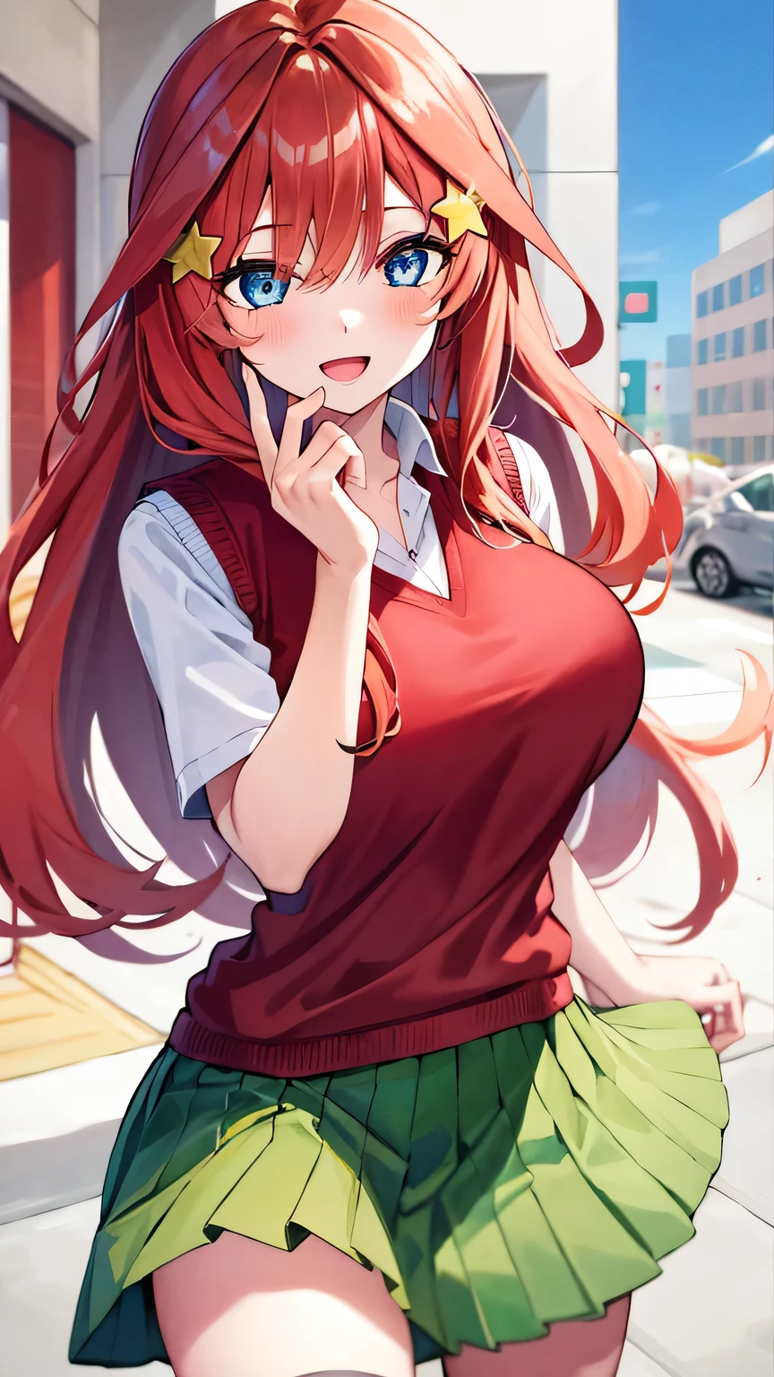 {{{masterpiece}}}, (best quality:1.5), (ultra-detailed:1.5), {illustration}, {{an extremely delicate and beautiful}}, (beautiful detailed eyes:1.6), absurdres, highres, extremely detailed face, 16k, hd, visual anime de uma jovem mulher, extremamente bonito rosto de anime, anime melhor garota, (perfect hands, perfect anatomy), anime face, itsuki nakano(Gotoubun no Hanayome), aaitsuki, 1girl, solo, cute face, long hair, red hair, bangs, hair between eyes, ahoge, star \(symbol\), hair ornament, star hair ornament, sidelocks, black pupils, blue eyes, large breasts, thin waist, big hips, curvaceous, BREAK, {school uniform}, sleeveless sweater(tuck out), (red sweater vest:1.5), collarbone, white shirt, short sleeves, collared shirt, pleated skirt, mini skirt, (green skirt:1.5), kneehighs, white socks, BREAK, open mouth, smiling, flushed cheeks, walking, looking at viewer, outdoor, city, building, sky, daytime, cowboy shot