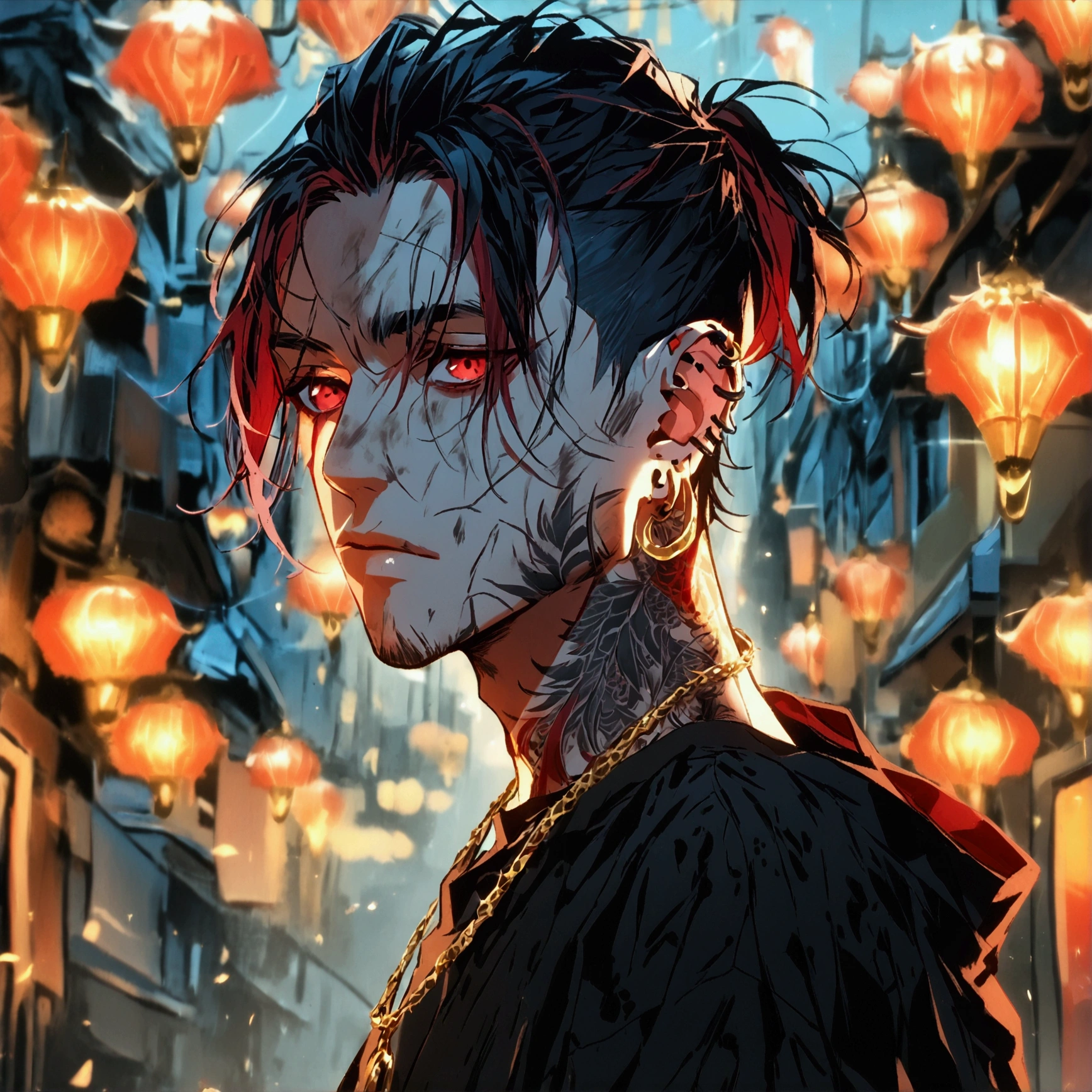 (Alone), (1 male), (Black hair with red inner hair color),  (ponytail),(Man Bun),(Red eyes), (Black Shirt),(a dirty look),( Stylish),(Ear Piercing),(tattoo on neck), (gold necklace),(Oversized shirt),(Face up)