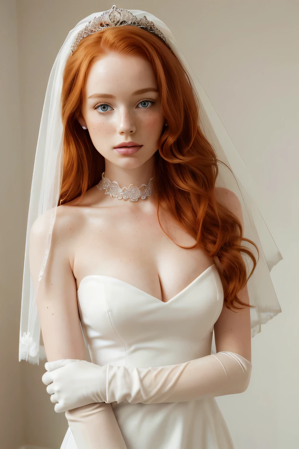 1girl in, 21, Madelaine Petsch, photo of perfect woman, 5'3", Solo, Aesthetic artwork, (irish redhead, wavy ginger hair, shoulder length ginger hair:1.25), (some small freckles, pale skin, small breasts, B-cup, perky, hard nipples, runners body, very thin waist, skinny, petite, detailed skin texture), (blank background, plain background, blank wall, (wearing hair ornament, dress, cleavage, bare shoulders, collarbone, long white elbow gloves, white gloves, white dress, white choker, strapless, tiara, veil, strapless dress, wedding dress, bridal veil), (extremely detailed 8k wallpaper), soft lighting, high quality, film grain, Fujifilm XT3 sharp focus, f 5.6, 50mm, High Detail, Sharp focus,(natural light), crazy details, complex details, hyper detailed