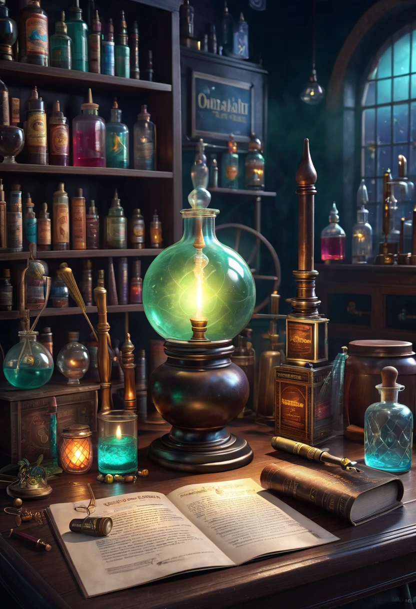 A poster cover， European and American Realistic Illustration Style， Magic Lab Theme ，Magic Drugstore，Dark background， Retro Magical Atmosphere ，Caribbean Type ， required to highlight the magic theme ， Generates dark scenes around magic，Vintage magic book 、Medicine Bottle、 Magic Hat、Magic Broom，Magic crystal ball、 generate 