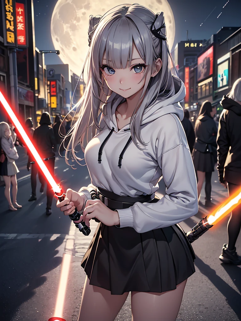 8k, Best Quality, The real picture,  complicated details, Very detailed,  super high definition,  depth field , ( realistic, realistic),  table tops, (( full body shot)), ((( 1 girl))), ((( standing in a fighting position ))), (((Hold the lightsaber with both hands))), (((Fight with lightsaber))), eye_Chan,  so beautiful, innocent big eyes,  Beautiful Breasts , 非常に詳細なeye, ( Beautiful Breasts ), (( Silver Hair)), ( short semi-long hair standing on a street corner in Shibuya), Perfect Skin, Fair skin, (( small breasts)), Tight waist, Alone,  stares at viewers, (smile), ((Black long hoodie )), (((Mid-length skirt))), ((Standing in the desert on a full moon night))