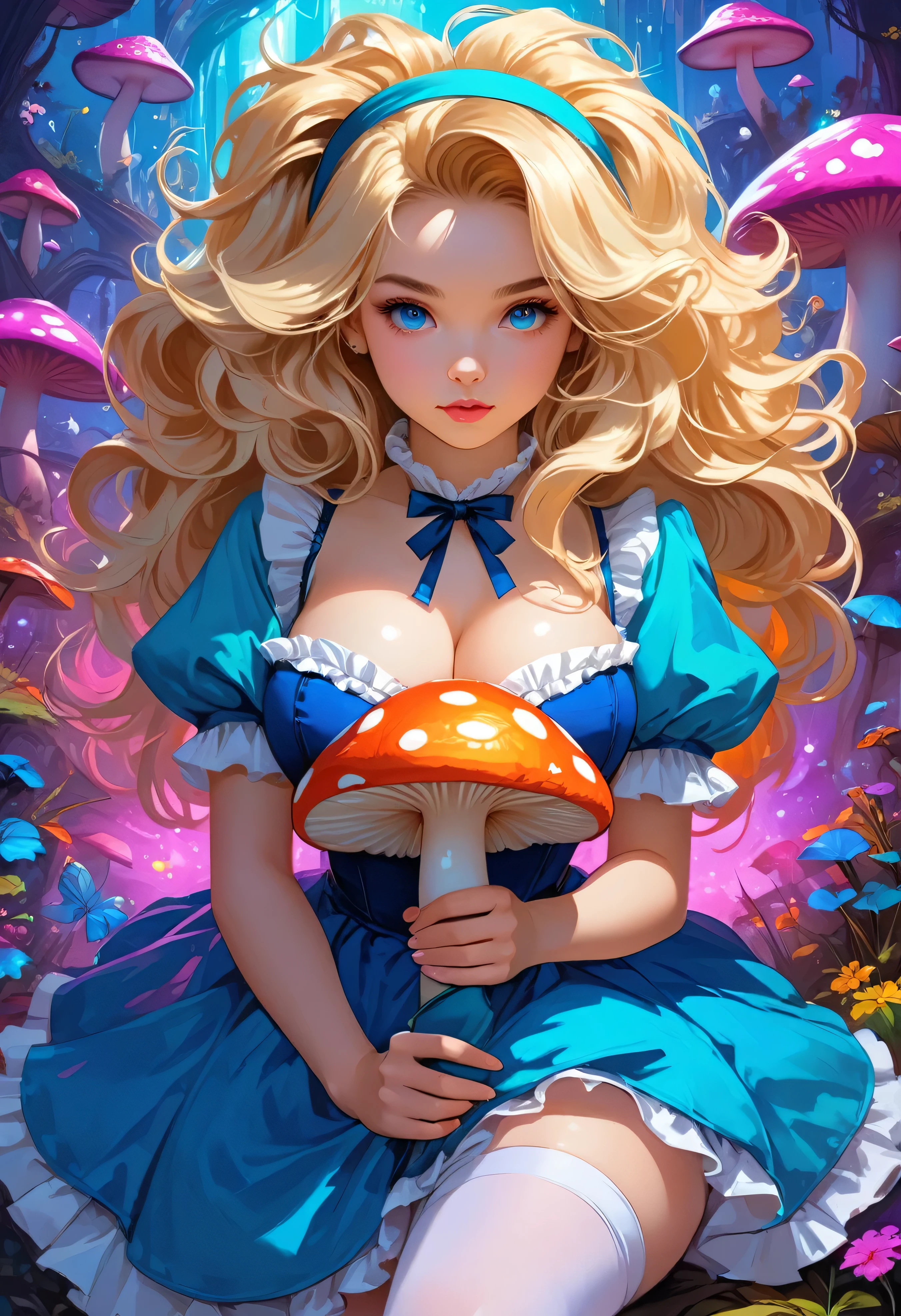 a beautiful 20 year old blonde woman with big messy hair in a blue dress, white stockings, black headband, cleavage, holding a glowing mushroom, fantasy art style, rossdraws cartoon vibrant, alice x. zhang, alice in wonderland cyberpunk, cute detailed digital art, colorfull digital fantasy art, digital fantasy art ), glossy digital painting, rossdraws pastel vibrant, rossdraws 2. 5, rossdraws 1. 0