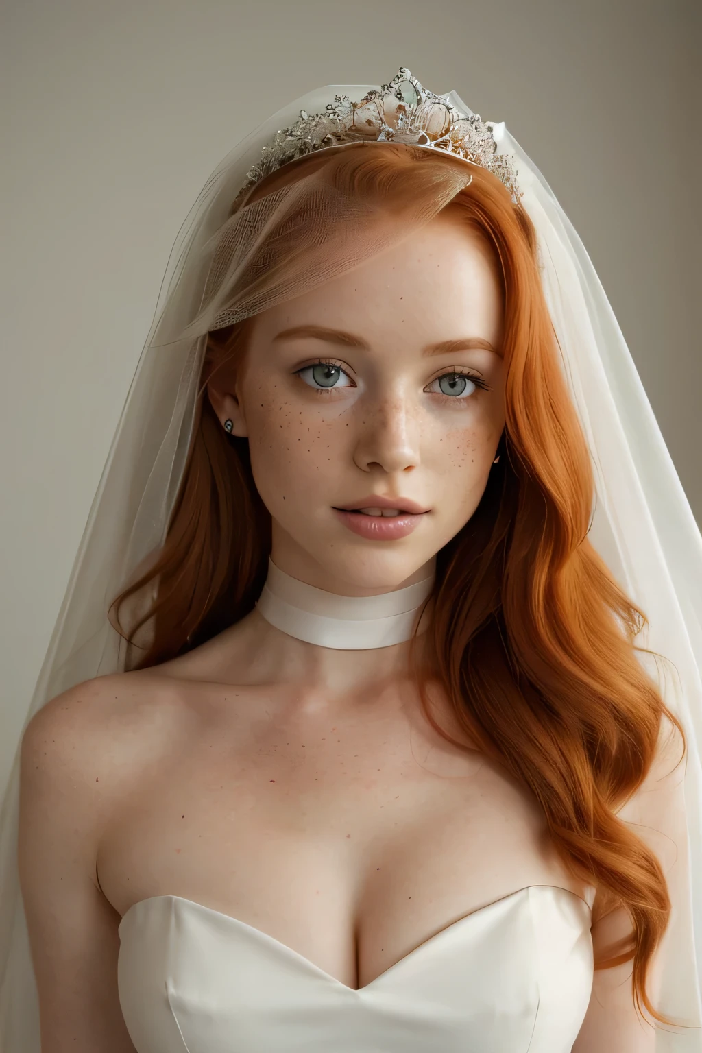 1girl in, 21, Madelaine Petsch, photo of perfect woman, 5'3", Solo, Aesthetic artwork, (irish  redhead, wavy ginger hair, shoulder length ginger hair:1.25), (some small freckles, pale skin, small breasts, B-cup, perky, hard nipples, runners body, very thin waist, skinny, petite, detailed skin texture), smile, (blank background, plain background, blank wall, (wearing hair ornament, dress, cleavage, bare shoulders, collarbone, long white elbow gloves, white gloves, white dress, white choker, strapless, tiara, veil, strapless dress, wedding dress, bridal veil), (extremely detailed 8k wallpaper), soft lighting, high quality, film grain, Fujifilm XT3 sharp focus, f 5.6, 50mm, High Detail, Sharp focus,(natural light), crazy details, complex details, hyper detailed