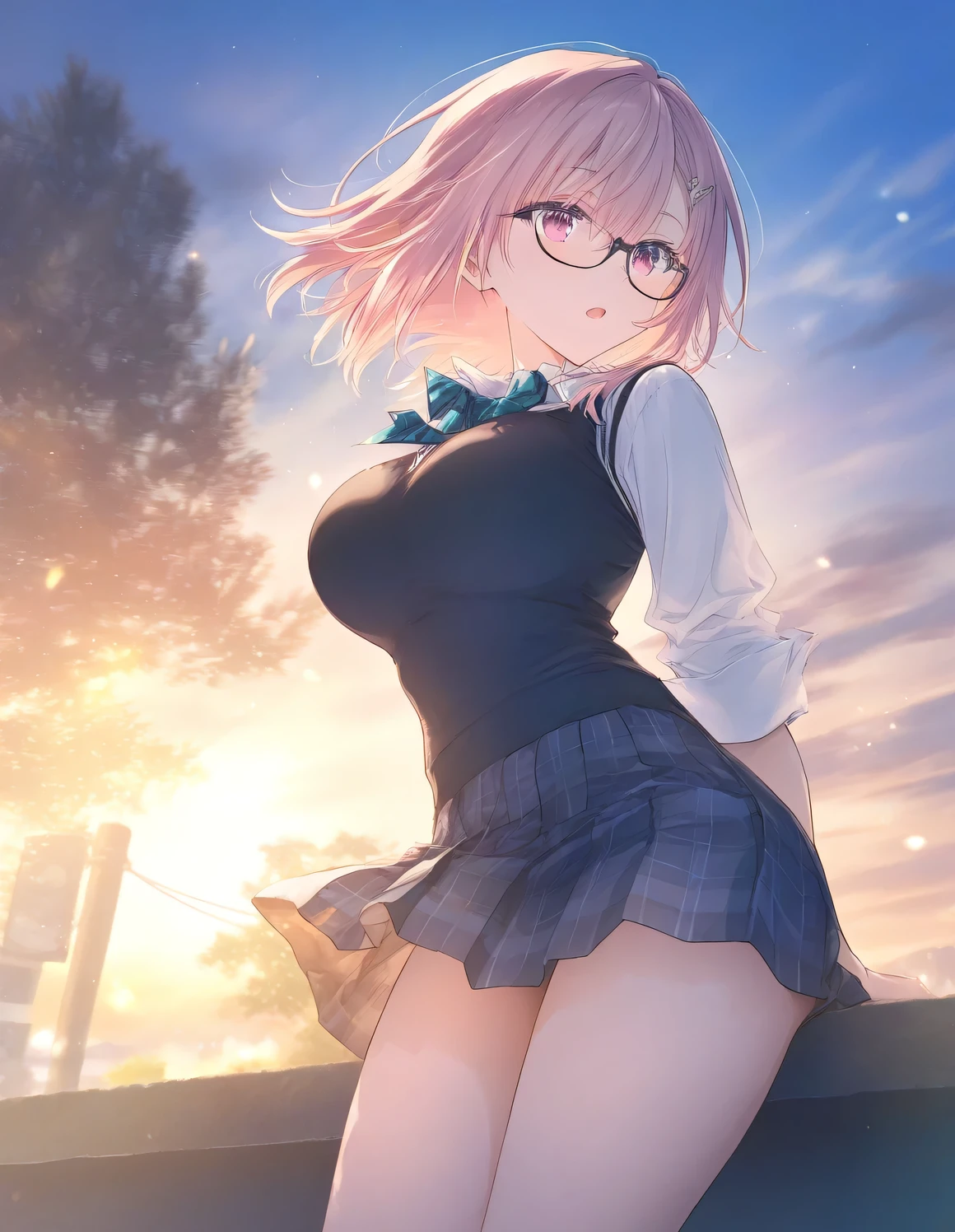 1girl, little female, school uniform, short hair, beautiful breasts, glasses, jitome, open mouth, outdoors,wind, game CG break,((artist:shida_kazuhiro)),(artist:mitsumi_misato),(artist:fujiyama),,(masterpiece), (best quality), (ultra-detailed), very aesthetic, newest, beauty illustration,super detailed skin,  (masterpiece), (best quality), (ultra-detailed), very aesthetic, ,hi res,absurd_res,2023,2024,shaded,digital media (artwork), realistic lighting, 4k, 8k,