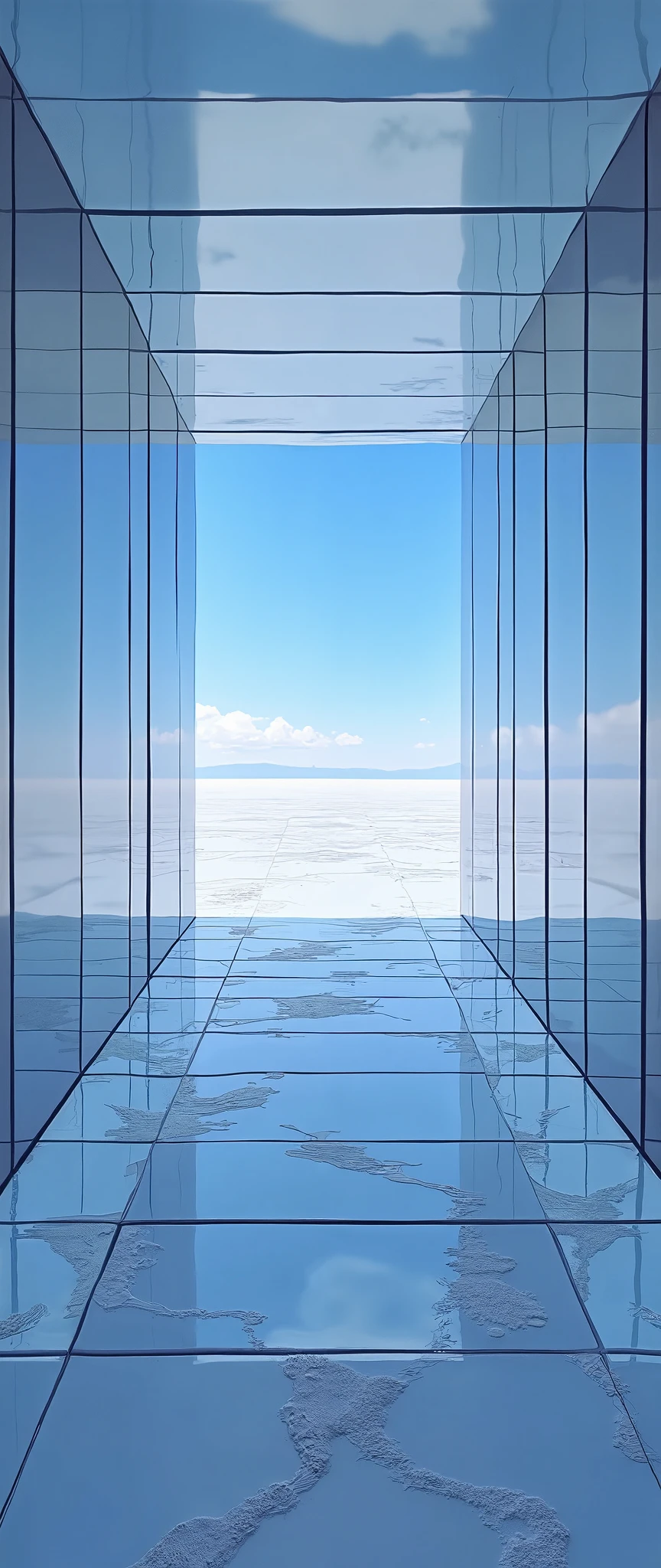 (masterpiece:1.2),(Best Quality),(Super detailed),(  Ultra High Definition),(  photorealistic),(  RAW photos from the last century),16k, wallpaper,  a room with walls composed of multiple LED screens,Uyuni salt lake is depicted on an LED screen,A room with a fully mirrored floor , Room on the floor composed of multiple LED screens , Uyuni salt lake is depicted on the LED screen on the floor ,Simulate Uyuni salt lake in a room,Ceiling room composed of multiple LED screens , A clear sky is depicted on the LED screen on the ceiling,progressive,  Installation Art