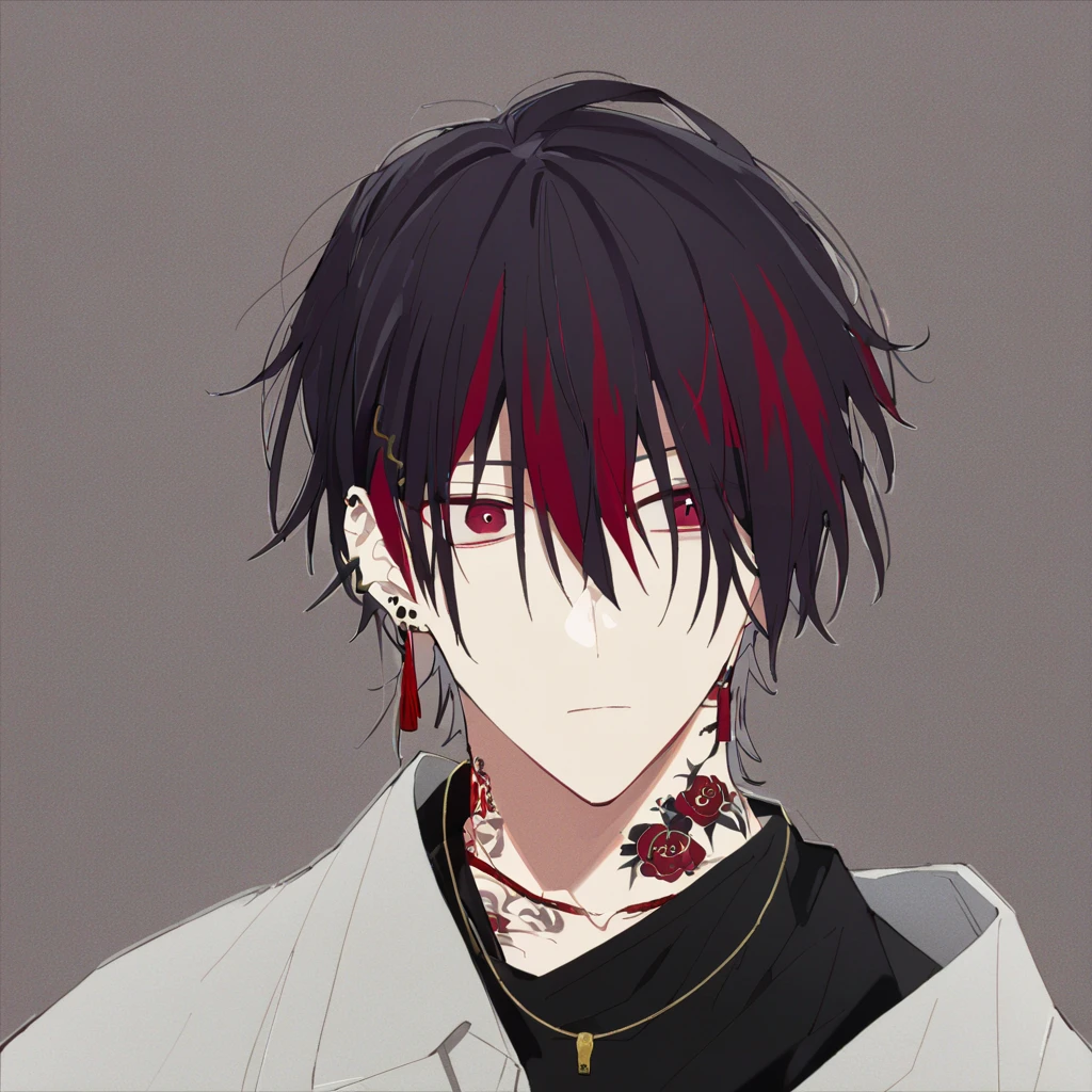 (Alone), (1 male), (Black hair with red inner hair color),  (ponytail),(Man Bun),(Red eyes), (Black Shirt),(a dirty look),( Stylish),(Ear Piercing),(tattoo on neck), (gold necklace),(Oversized shirt),(Face up)