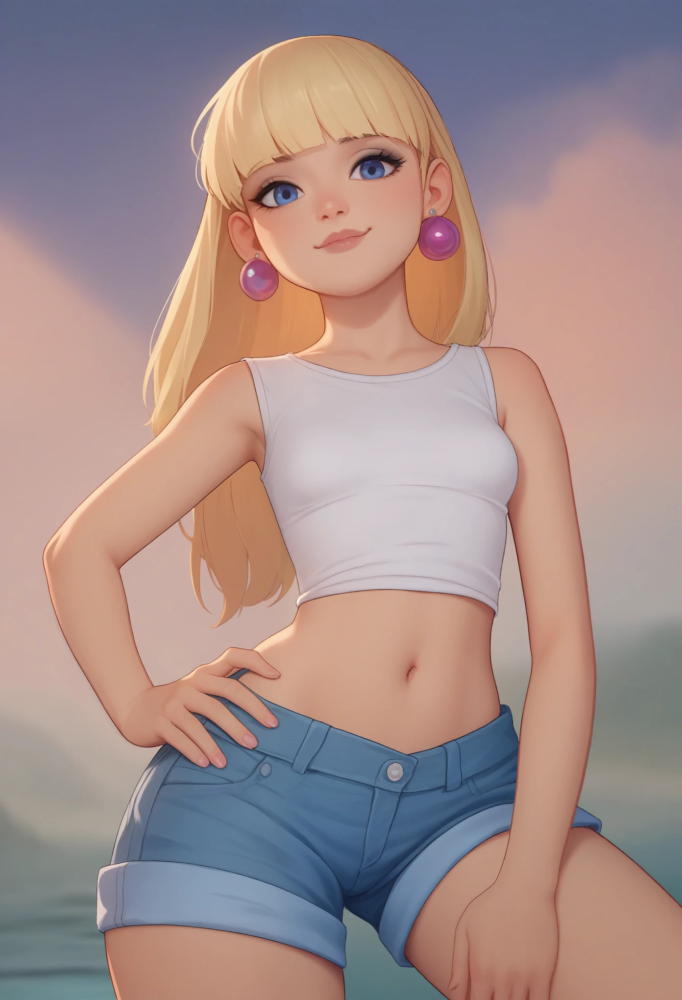 account_9, account_8_ex, account_7_ex, account_6_ex, account_5_ex, account_4_ex,pacifica, 1girl, solo, long blonde hair with bangs, hand on hip, dark blue eyes, purple shadows,round lavender earrings,looking at the viewer, small saggy breasts. huge hips. shirt. shorts. river.. bottom view. face dawn ass up