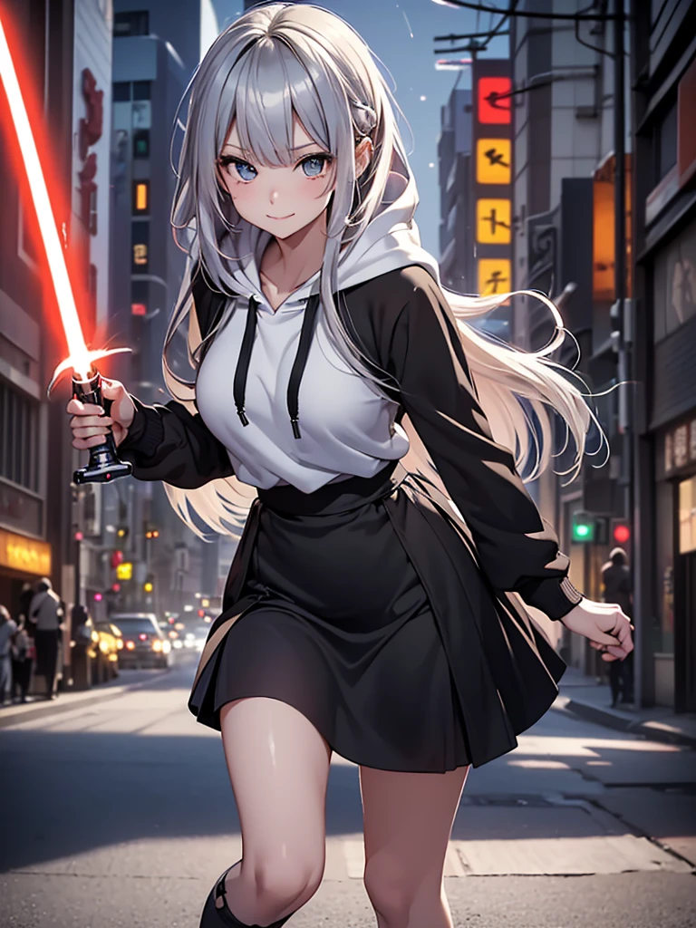 8k, Best Quality, The real picture,  complicated details, Very detailed,  super high definition,  depth field , ( realistic, realistic),  table tops, (( full body shot)), ((( 1 girl))), ((( standing in a fighting position ))), (((Hold the lightsaber with both hands))), (((Fight with lightsaber))), eye_Chan,  so beautiful, innocent big eyes,  Beautiful Breasts , 非常に詳細なeye, ( Beautiful Breasts ), (( Silver Hair)), ( short semi-long hair standing on a street corner in Shibuya), Perfect Skin, Fair skin, (( small breasts)), Tight waist, Alone,  stares at viewers, (smile), ((Black long hoodie )), (((Mid-length skirt))), ((Standing in the desert on a full moon night))