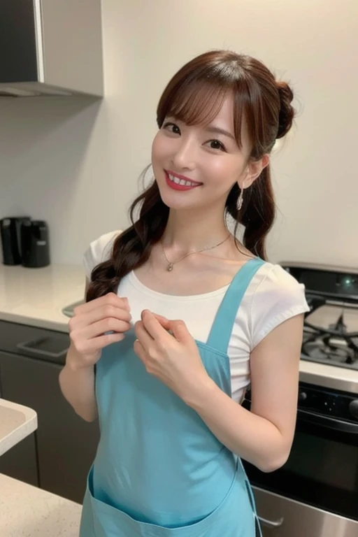 a woman is cooking、(kitchin_apron:1.Wear 3)、Good Hand、4K、hight resolution、​masterpiece、top-quality、cape:1.3、((Hasselblad photo))、Fine skin、sharp focus、(lighting like a movie)、Soft lighting、dynamic ungle、[:(Detailed face:1.2):0.2]、Medium chest、sweats streamed skin:1.2、(((In the kitchen))) Cute smile　Viewer's Perspective　Colossal tits　Tying hair　Sleeveless　Put out your upper arm　Shoulders are sticking out　Cleanliness　Large kitchen　Beautiful kitchen　wine glasses　Show ears