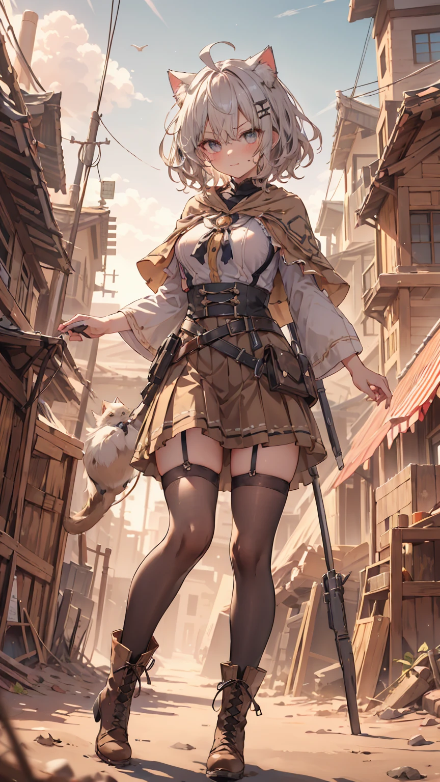 masterpiece, 1 girl, sparrow, a grey haired girl, wearing a medieval school clothes, curly short hair, messy hair, slim body, he close her left eye, shirt ornament, ruby eyes, ahoge, baby face, beautiful eyes, boots, droopy eyes, her age is 19, short hair, curly hair, MongolPunkAI, view from right down, lend a hand to you, he very close to you, smug smile, rainbow_one, brown tunic shirt, brown pleated skirt, cat ears, priestess, high quality, 8k, student, big breasts, beautiful breasts, white stocking, long sleeves, brown furry capelet, shsparkle, angry face, trinity school uniform