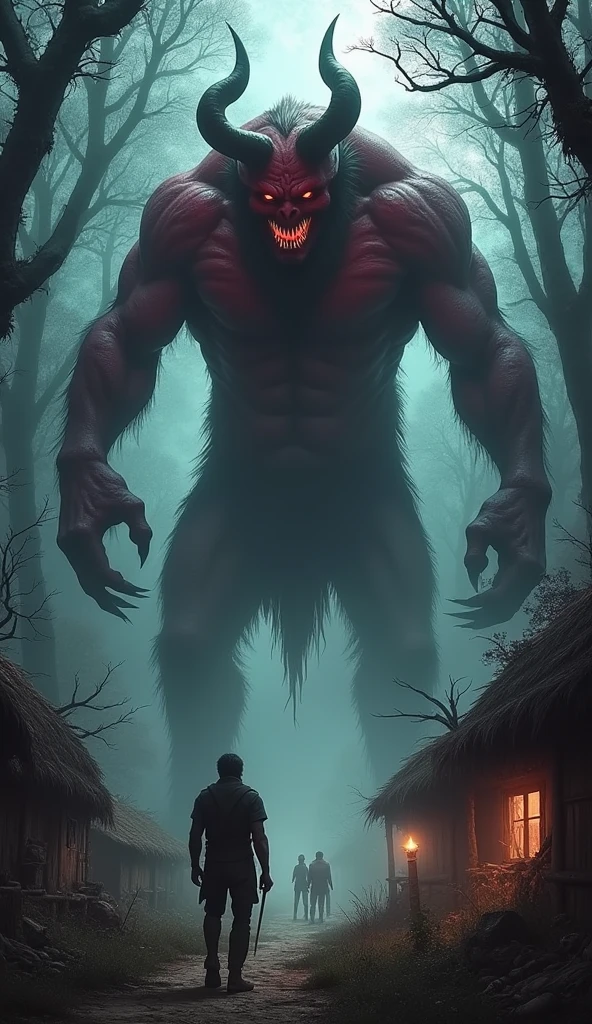 A terrifying monster, hidden deep in the woods for centuries, suddenly awakens from its age-old slumber. Its eyes glow in the darkness, and its roar echoes through the trees. The inhabitants of the nearby village feel an eerie presence and know that something wicked has stirred. Write a story about the encounter between the bravest villagers and this ancient monster, ready to unleash chaos and destruction.