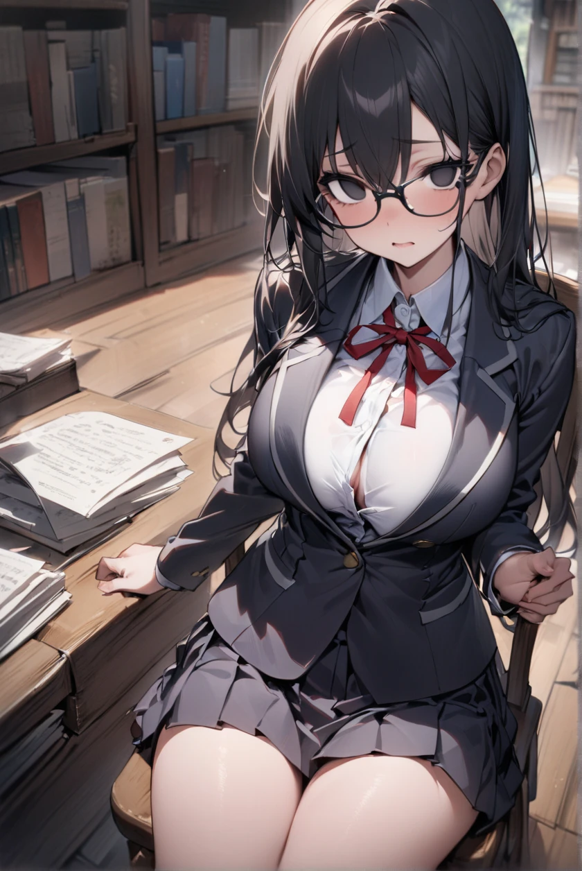 taihousweet, anime - style image of a woman in a skirt and stockings sitting in a chair, seductive anime girl, smooth anime cg art, a hyperrealistic school teacher, hyperrealistic office lady, fine details. azur lane, realistic school teacher, (nsfw) not safe for work, on a chair, from azur lane, beautiful anime girl squatting, black hair, long hair, large breasts, cleavage, white shirt, open shirt, black skirt, short skirt, black stockings, pantyhose, red jacket, open jacket, blazer, feet, soles, barefoot, glasses, wireframe glasses, white panties, seductive anime girl, beautiful detailed eyes, beautiful detailed girl, curvy:1.1, dynamic pose, fashion clothing with diverse colors, full body, (full body shot:1.1), looking at viewer, perfect eyes, perfect face, perfect retina, seductive look, sexy pose, ultra detail face, ultra detail hair, very detailed eyes and face, 8k wallpaper, amazing, ambient occlusion, best quality, CG, cinematic lighting, detailed painting, field of view, fine detail, fluid motion, harmony, (High Quality:1.4), high resolution, huge file size, illustration, interconnected elements, Intricate Details, masterpiece , movie lighting, photorealistic lighting, (photorealistic:1.4), professional artwork, (raw photo:1.2), realistic shadows, reflective art, sharp focus, solo, super detailed, unified, very detailed, (vibrant colors:1.05), vivid lighting, warm and cool color palette, extremely detailed artgerm, trending on artstation pixiv,