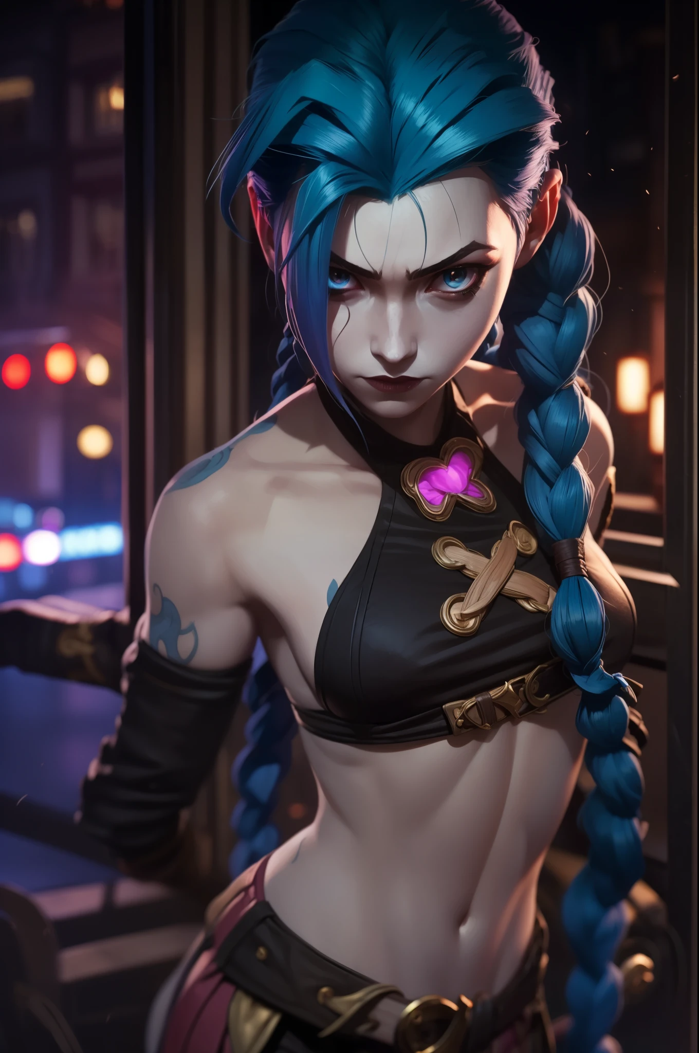 (masterpiece, best quality:1.2), 1girl, solo, Jinx, wearing a Jinx Arcane Costume, blue hair with two long twin braids detailed, city, colorful