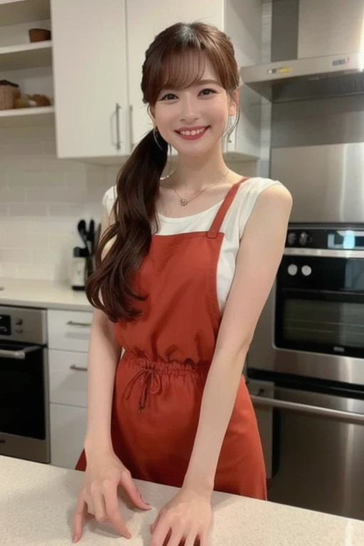 a woman is cooking、(kitchin_Apron:1.Wear 3)、Good Hand、4K、hight resolution、​masterpiece、top-quality、Cap:1.3、((Hasselblad photo))、Fine skin、foco nítido、(lighting like a movie)、Soft lighting、dynamic ungle、[:(详细的脸:1.2):0.2]、Medium chest、sweats streamed skin:1.2、(((In the kitchen))) Cute smile　Viewer's Perspective　Colossal tits　Tying hair　Sleeveless　Put out your upper arm　Shoulders are sticking out　Cleanliness　Large kitchen　Beautiful kitchen　wine glasses　posterior view　Behind　backs