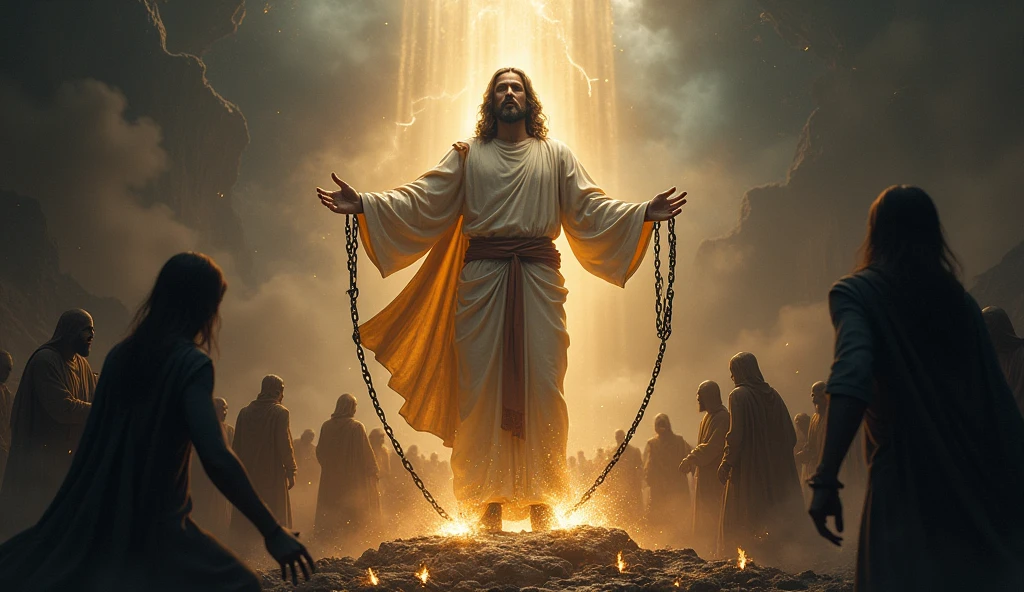 Jesus majestically passes through Hell, emanating a divine aura of glory and power. His white robe shines supernaturally, contrasting with the hellish surroundings. He holds an ancient and ornate key of heavenly gold (close-up on the key reveals ethereal inscriptions). Grotesque demons writhe in chains, their forms varying with multiple limbs, twisted horns and torn wings. Their eyes burn with fury as they try to reach Jesus in vain. The scene is chaotic: rivers of lava, toxic smoke and demonic flames in supernatural colors dance violently. Damned souls suffer unspeakable torments in the background, consumed by eternal fire or devoured by monstrous creatures. Bonfires and demonic lanterns create macabre shadows, contrasting with a cold ambient light. Ethereal mist partially obscures the view, intensifying the foreboding. The composition uses deliberate destabilization, such as an unsteady camera, to induce disorientation. Heavy film grain and sophisticated color grading amplify the hellish aesthetic, with hues of deep red, fiery orange, and abysmal black punctuated by flashes of divine light. Carefully applied micro-artifacts—subtle distortions and chromatic aberrations—increase the oppression and chaos. The scene combines 3D hyperrealism, the emotion of expressionist painting, dramatic cinematic composition, and the bold stylization of anime and concept art. Influences from Hieronymus Bosch, Gustave Doré, and H.R. Giger are evident, as Jesus evokes Renaissance works. Distorted typography, reminiscent of ancient grimoires, floats in the periphery. The result is an apocalyptic vision that transports the viewer to the depths of hell, highlighting the transcendent power of Jesus and challenging them to contemplate the clash between divine light and eternal darkness.