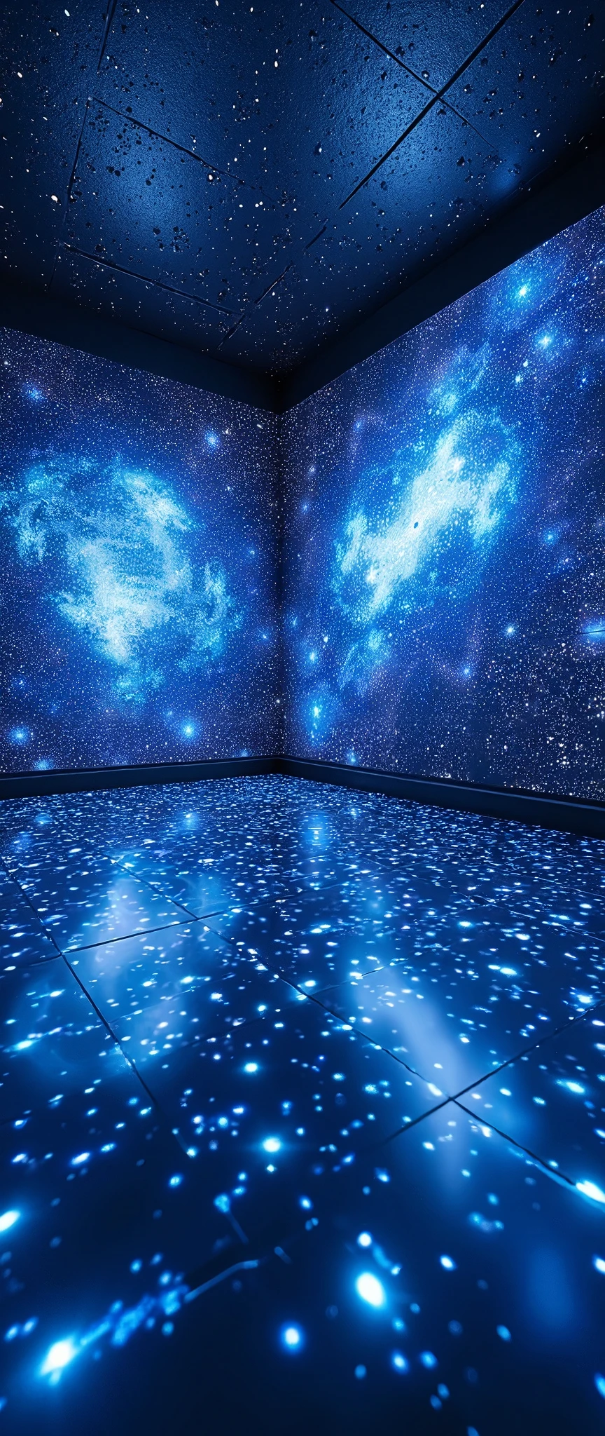 (masterpiece:1.2),(Best Quality),(Super detailed),(  Ultra High Definition),(  photorealistic),(  RAW photos from the last century),16k, wallpaper,  a room with walls composed of multiple LED screens, outer space is drawn on an LED screen on the floor ,A room with a fully mirrored floor , Room on the floor composed of multiple LED screens , outer space is drawn on the LED screen on the ceiling ,Outer space is depicted on an LED screen that simulates outer space in a room ,Ceiling room composed of multiple LED screens , outer space is drawn on the LED screen on the ceiling,progressive,  Installation Art