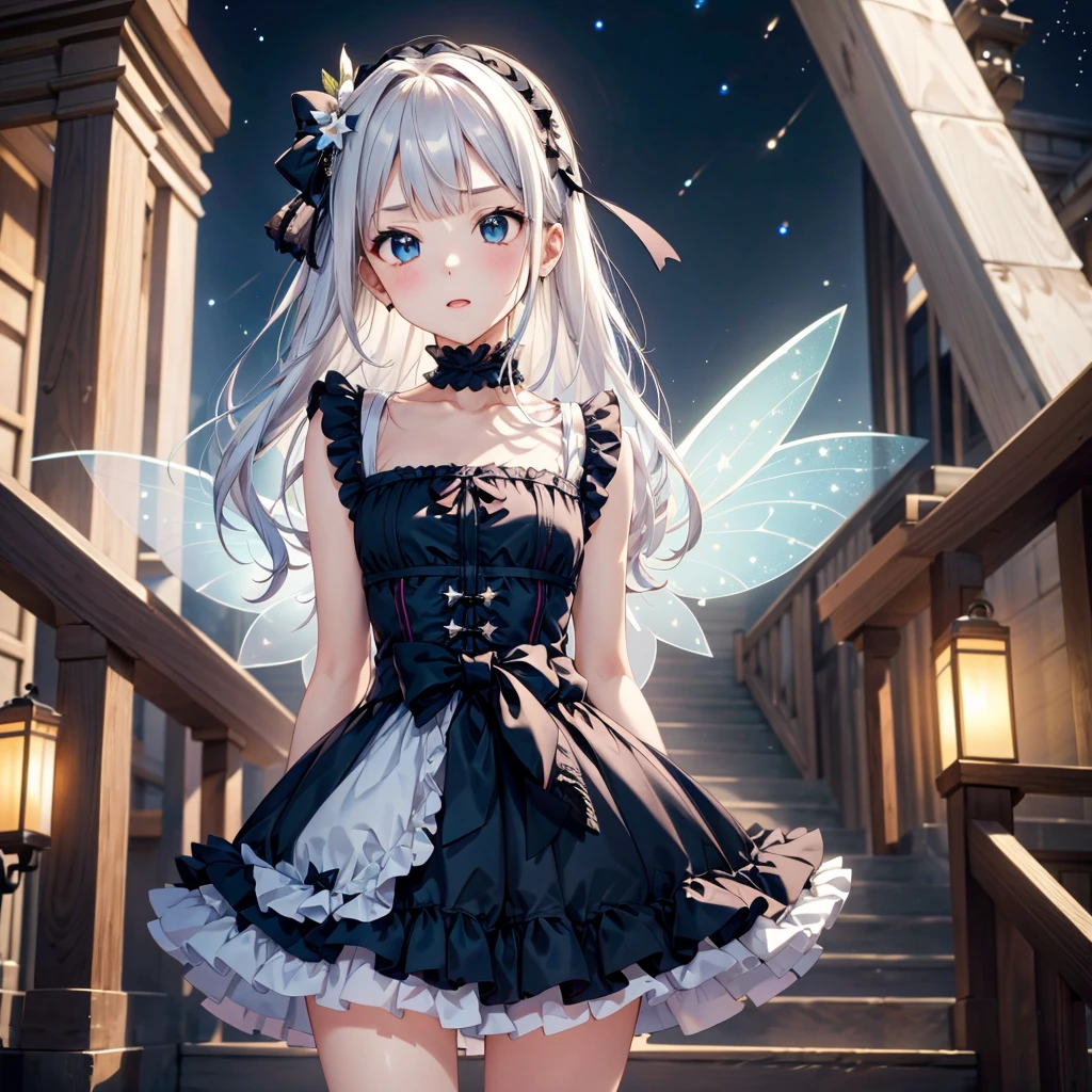 cute gothic fashion,1girl,(((The best composition、Best Quality、 masterpiece、Super detailed、 high definition)))、 Cute Gothic Fashion 、black、blackい大きなワークキャップ、Ingenious Gothic Lolita 、 Milky White and Light Blue Gradation Hair Color、Star Fairy、 Little Fairy Wings Growing from the Waist 、 Front Standing Picture Facing the Audience 、厚底のblackい靴、