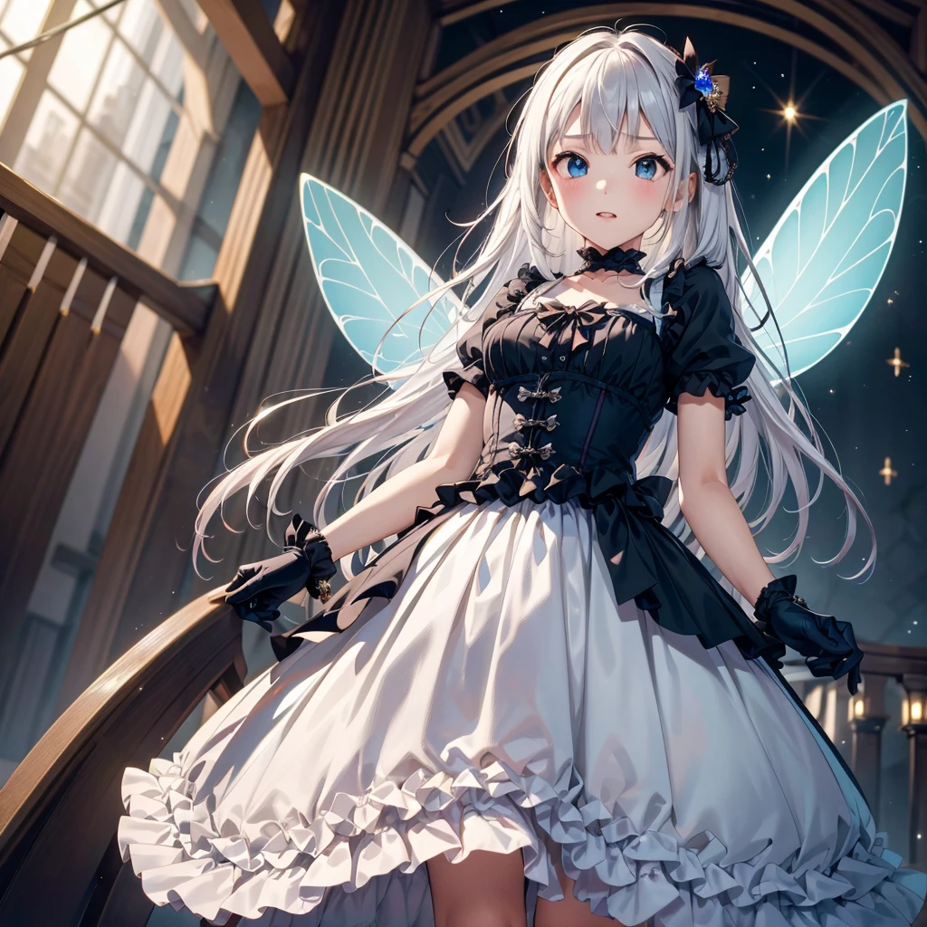 cute gothic fashion,1girl,(((The best composition、Best Quality、 masterpiece、Super detailed、 high definition)))、 Cute Gothic Fashion 、black、blackい大きなワークキャップ、Ingenious Gothic Lolita 、 Milky White and Light Blue Gradation Hair Color、Star Fairy、 Little Fairy Wings Growing from the Waist 、 Front Standing Picture Facing the Audience 、厚底のblackい靴、