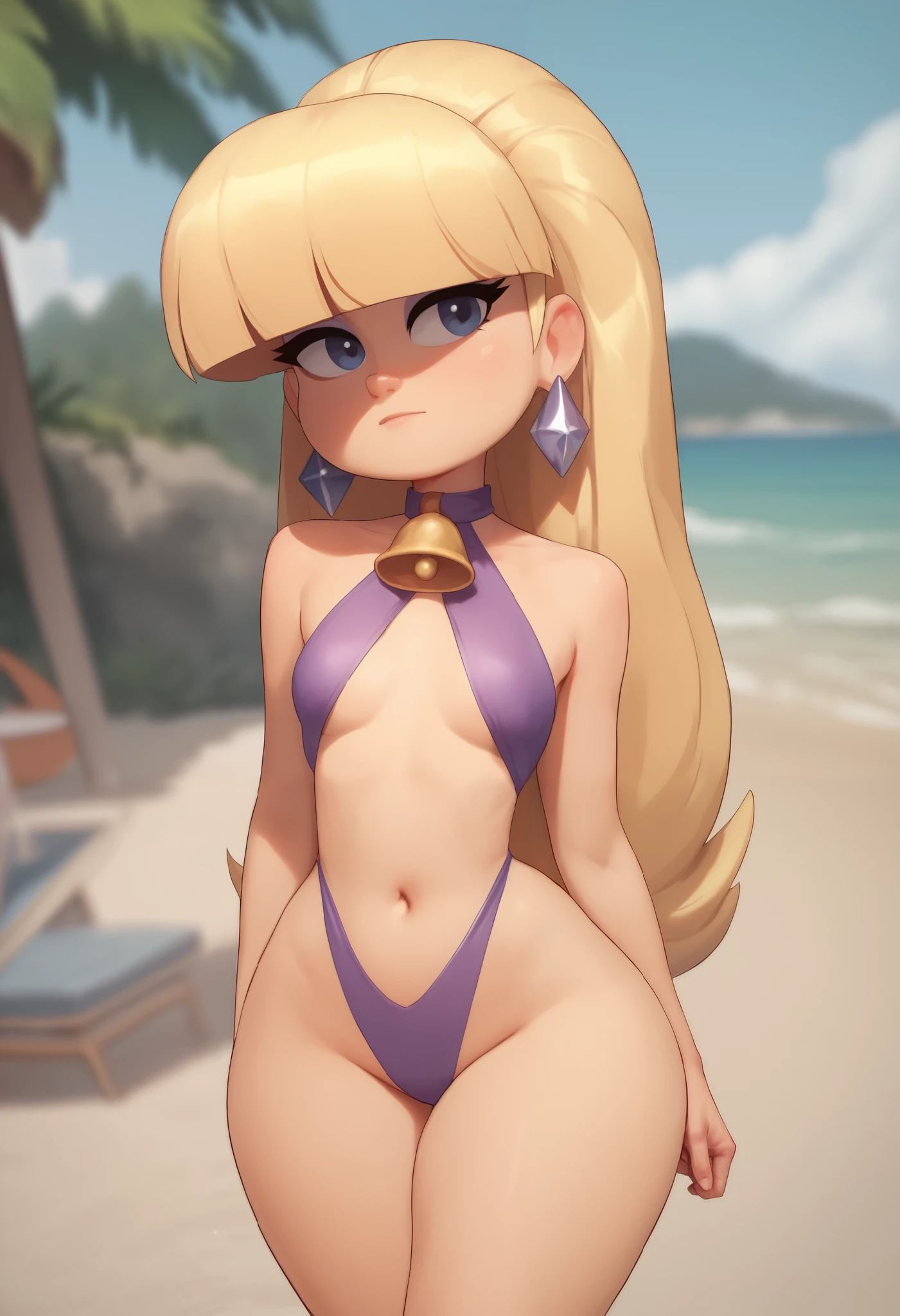 Pacifica Northwest. Small saggy breasts. huge hips. thin body, long blond hair with bell-shaped bangs and dark blue eyes.  She also has thick purple eye shadow and lavender ring earrings. swimsuit. beach