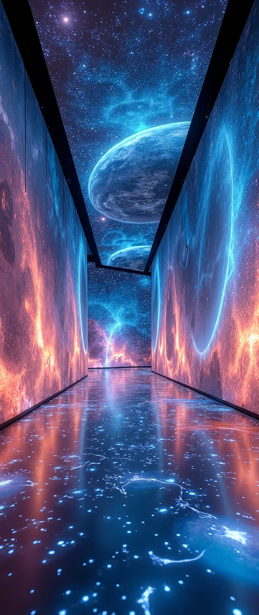 (masterpiece:1.2),(Best Quality),(Super detailed),(  Ultra High Definition),(  photorealistic),(  RAW photos from the last century),16k, wallpaper,  a room with walls composed of multiple LED screens,Outer space is depicted on the LED screen on the wall,Room on the floor composed of multiple LED screens , outer space is drawn on the LED screen on the ceiling ,Outer space is depicted on an LED screen that simulates outer space in a room ,Ceiling room composed of multiple LED screens , outer space is drawn on the LED screen on the ceiling,progressive,  Installation Art