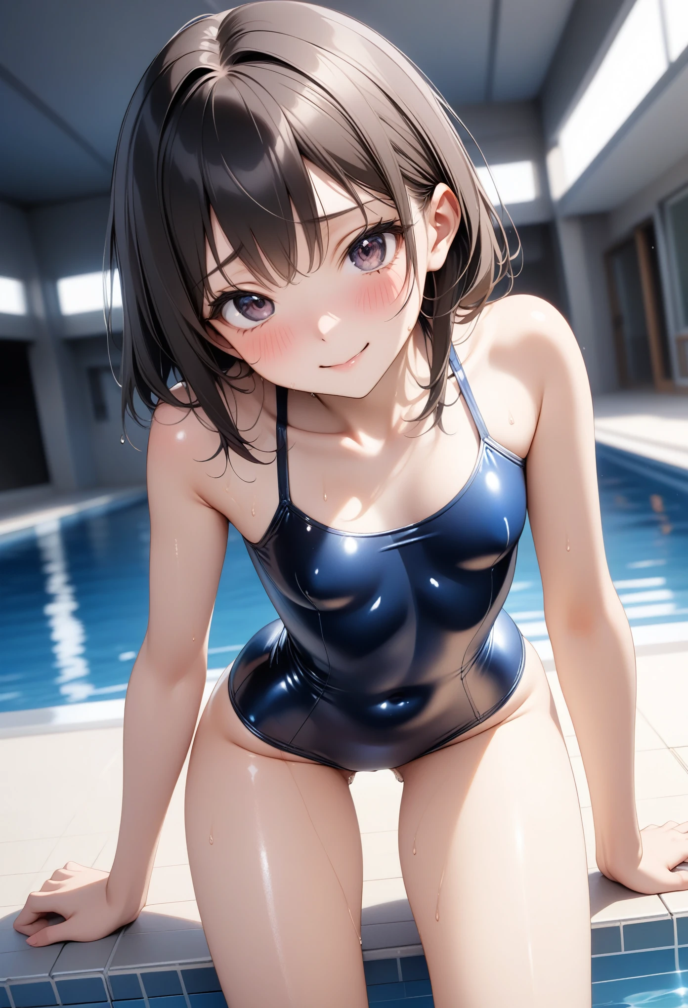 (sukumizu, school swimsuit),  ((Shiny Costumes)), ((skindentation)), skinny, alone, solo, Masterpiece, highest quality, highest quality, 16K, incredibly absurd, highly detailed, 2.5D, ai-generated, delicate and dynamic, very delicate facial expressions, delicate eye depiction, erotic, only sexy woman, ((A cute and kind face)), healthy figure, ((1 woman)), 160cm tall, ((small firm swaying bust)), small breasts, Dark hair, dark eyes, blush, Sweat,Embarrassed,sexy, ((thin thighs)), shiny and lustrous, facing straight at viewer, smile, (camel toe:0.5), (visible nipples:0.5), (Erect nipples:0.8), ((dutch angle)), ((erotic pose)), (((Dynamic Pose))), School poolside,