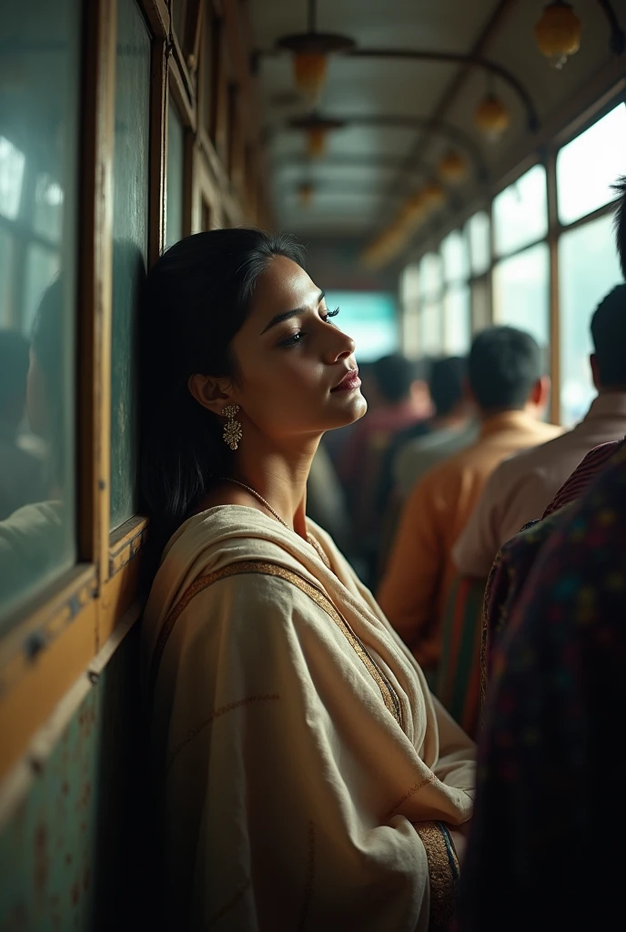 A Indian lady who standing and see up in bus crowd