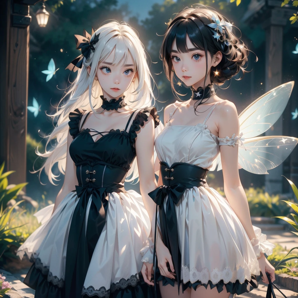 cute gothic fashion,1girl,(((The best composition、Best Quality、 masterpiece、Super detailed、 high definition)))、 Cute Gothic Fashion 、black、blackい大きなワークキャップ、Ingenious Gothic Lolita 、 Milky White and Light Blue Gradation Hair Color、Star Fairy、 Little Fairy Wings Growing from the Waist 、 Front Standing Picture Facing the Audience 、厚底のblackい靴、