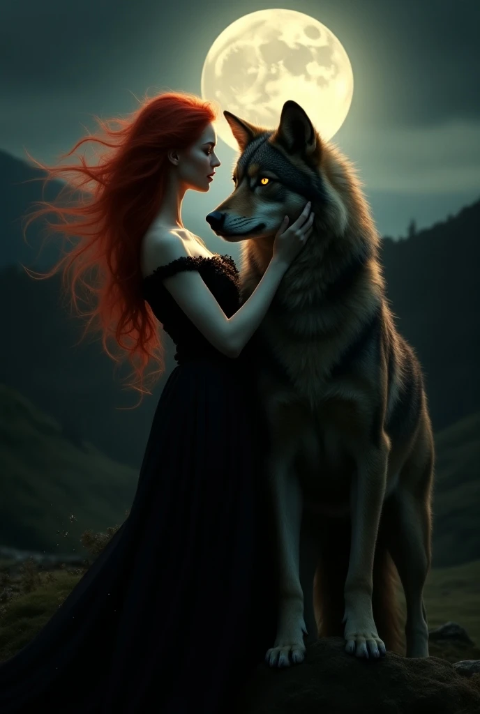 Red haired vampire in full moon with her wolf lover