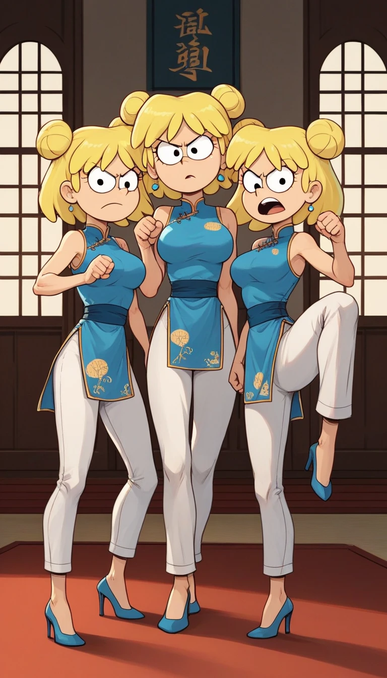 lori loud, 3girl, trio, 24yo girl, blue cheongsam,  inside of a chinese style temple, large breasts, looking at viewer, blonde hair, short hair, two hair buns , hands  score_9, score_8_up, score_7_up, high heels,teep fighting stance,martial arts, long white pants, triplets