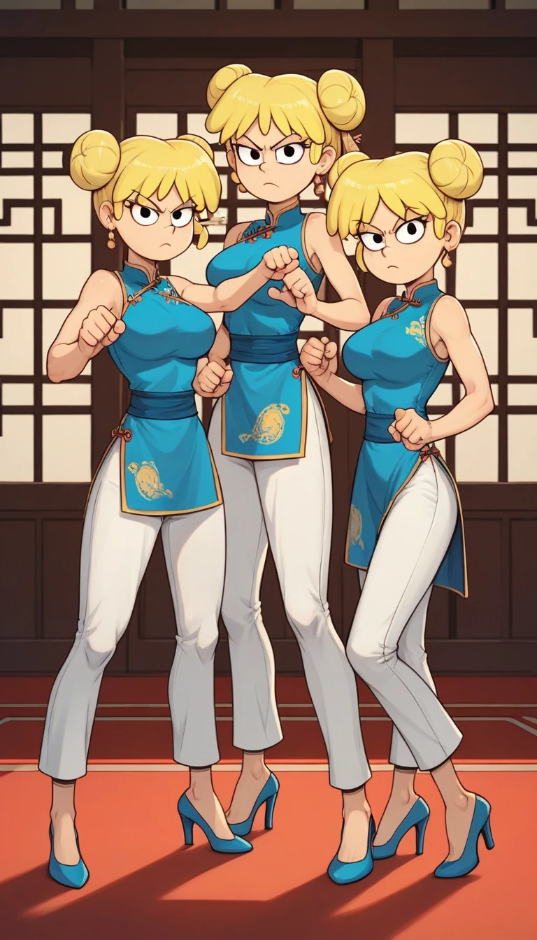 lori loud, 3girl, trio, 24yo girl, blue cheongsam,  inside of a chinese style temple, large breasts, looking at viewer, blonde hair, short hair, two hair buns , hands  score_9, score_8_up, score_7_up, high heels,teep fighting stance,martial arts, long white pants, triplets