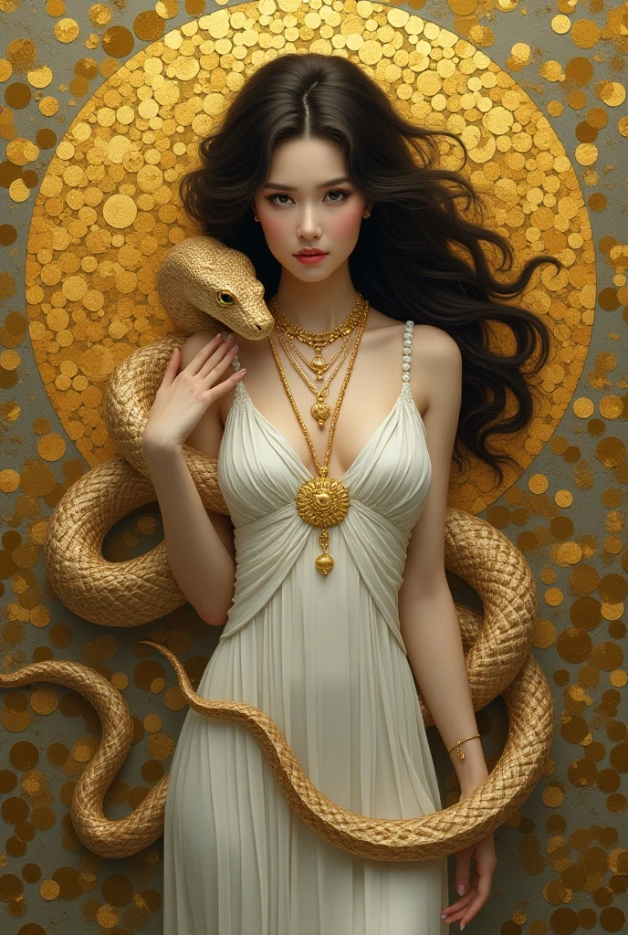 mulher arafed em um vestido com uma cobra em uma parede, deusa. Detalhes extremamente altos, karol bak uhd, Karol Bak e Peter Mohrbacher, tiro extremamente detalhado da deusa, Retrato da deusa 3D, estilo de karol bak, mulher extremamente detalhada, arte de fantasia detalhada, retrato de fantasia fosco detalhado, arte digital de fantasia detalhada, Arte digital altamente detalhada em 4k