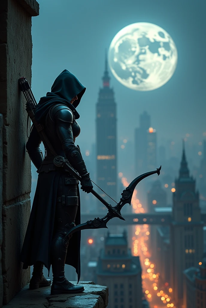 photoreallistic stunning assassin hold hi-tech archer aiming from the tip of a high building to the down town target far below, dark cityscape with full moon floating in the city, dramatic dimmed lights