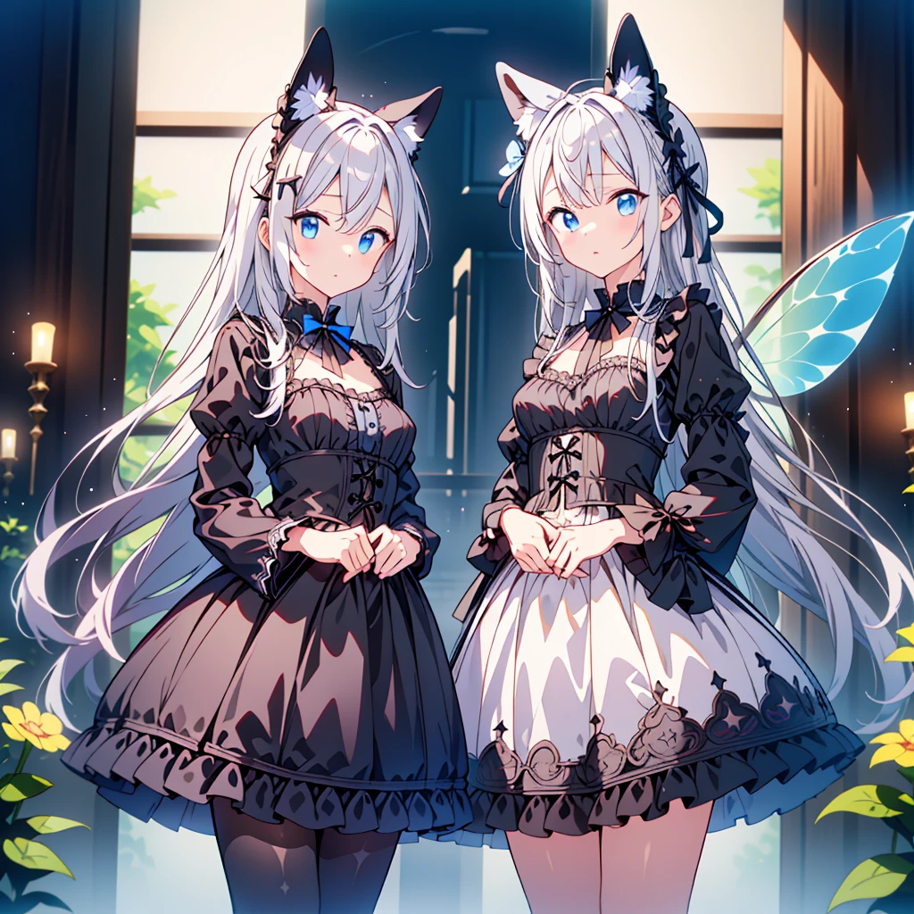 Best_quality,detailed, <lora:Nekopara Choco&Vanilla:0.7>, 2girls , blue eyes, vanilla \nekopara\ , white hair,cat ears,chocola \(nekopara\), fluffy, black hair, yellow eyes,
