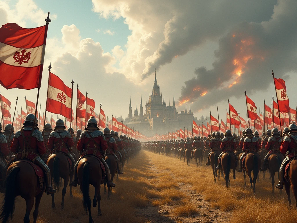 five knights riding, flags, dale keown and greg rutkowski, commercial photo, red flags, anne stokes style, knight armor, filmed with anamorphic lenses, patriotic!, pc screenshot, gondor, reckless cohort, bash kit, inspired by henricus hondius ii