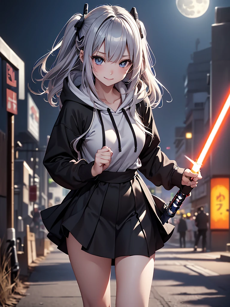 8k, Best Quality, The real picture,  complicated details, Very detailed,  super high definition,  depth field , ( realistic, realistic),  table tops, (( full body shot)), ((( 1 girl))), ((( standing in a fighting position ))), (((Hold the lightsaber with both hands))), ((Fight with lightsaber)), eye_Chan,  so beautiful, innocent big eyes,  Beautiful Breasts , 非常に詳細なeye, ( Beautiful Breasts ), (( Silver Hair)), ( short semi-long hair standing on a street corner in Shibuya), Perfect Skin, Fair skin, (( small breasts)), Tight waist, Alone,  stares at viewers, (smile), ((Black long hoodie )), (((Mid-length skirt))), ((Standing in the desert on a full moon night))